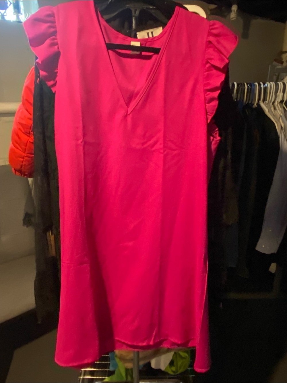 Ruffle Sleeve V-Neck Mini Dress - Hot Pink
